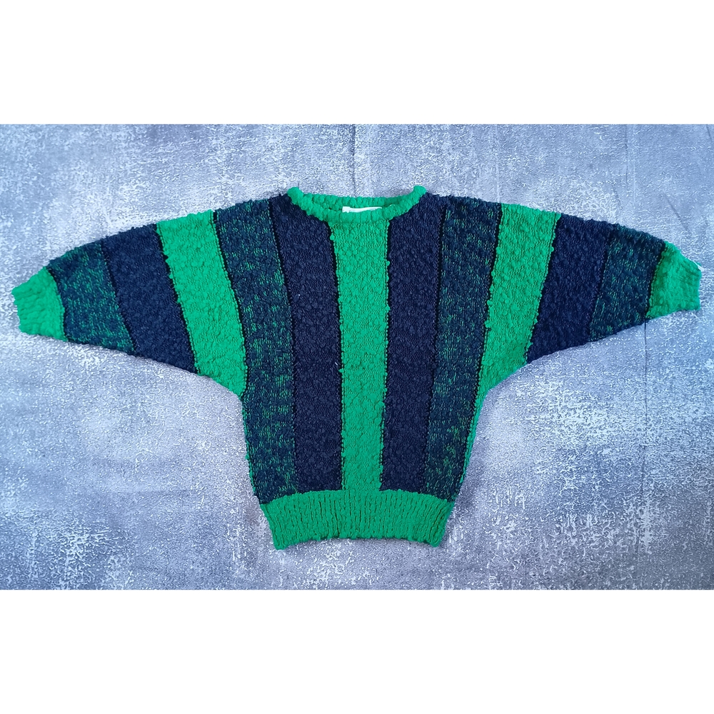 VINTAGE 90s Big Fluffy Wide Arms Green and Black Striped Sweater
